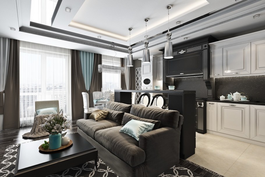 Кухня-гостиная 20 кв.м арт деко