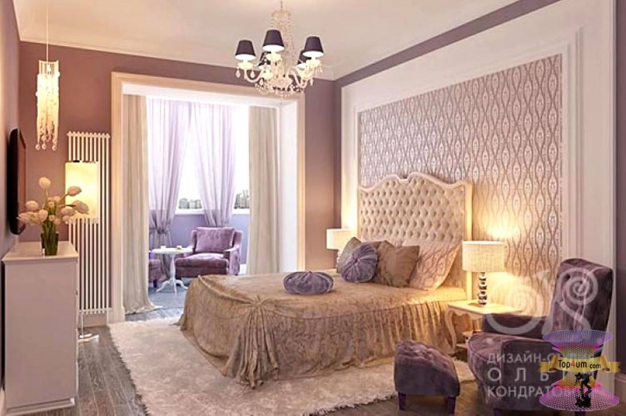 Интерьер спальни Неоклассика лиловый и беж