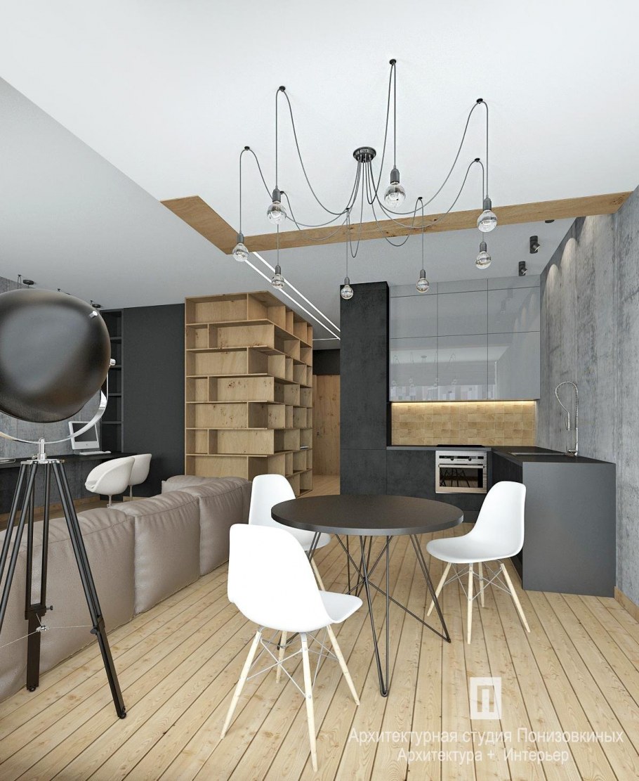 Светлый лофт кухня гостиная