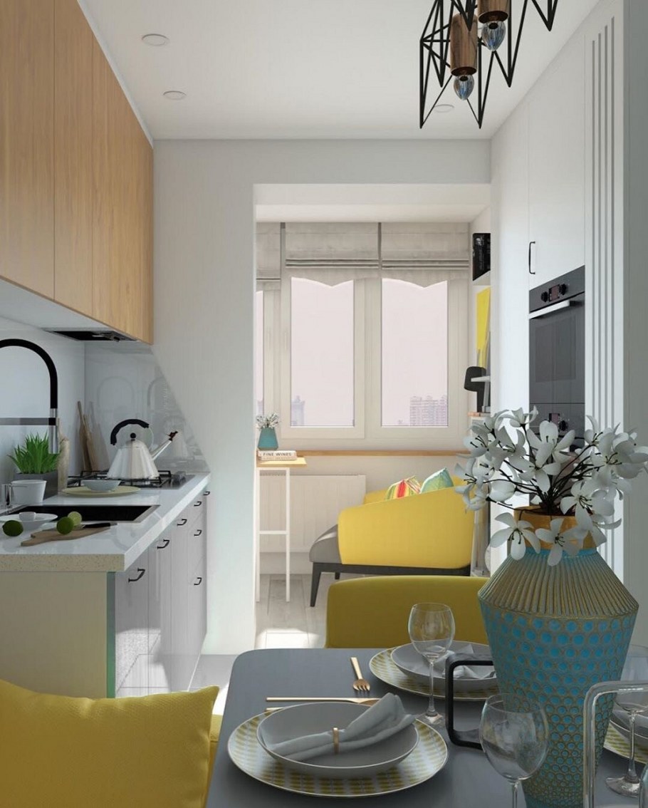 Прямоугольная кухня с балконом