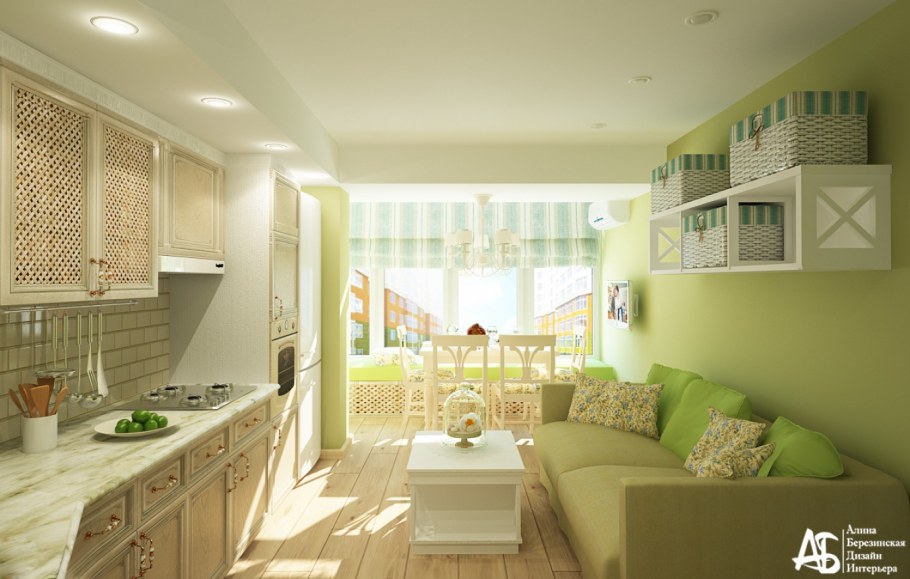 Кухня Прованс с балконом и диваном