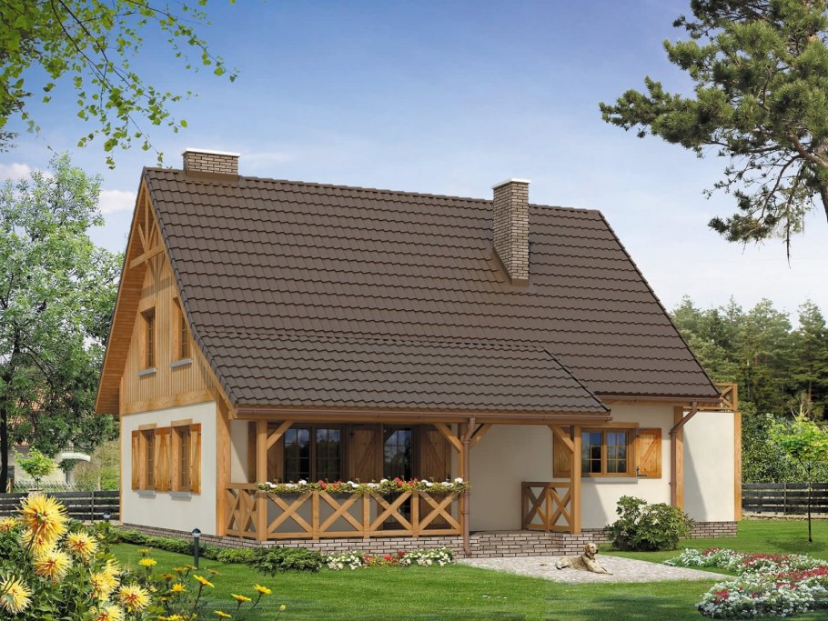 Дом с двускатной крышей и террасой