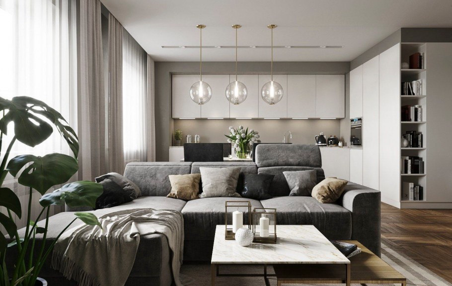 Кухня-гостиная в серых тонах интерьер