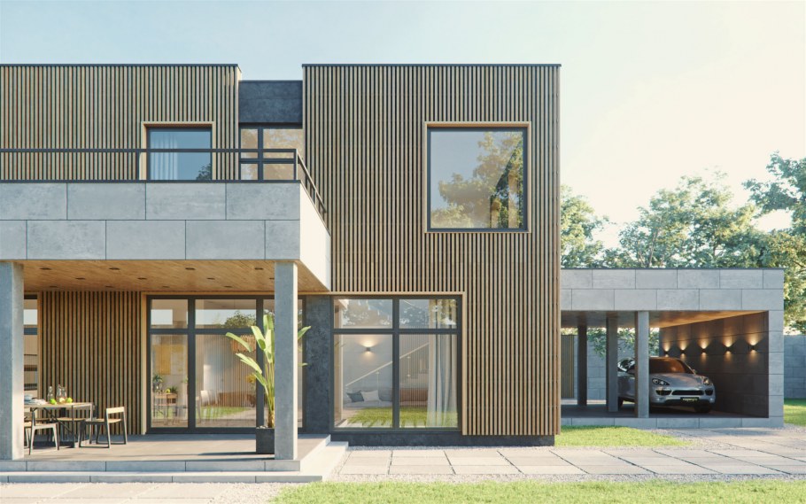 Фасад здания с плоской крышей