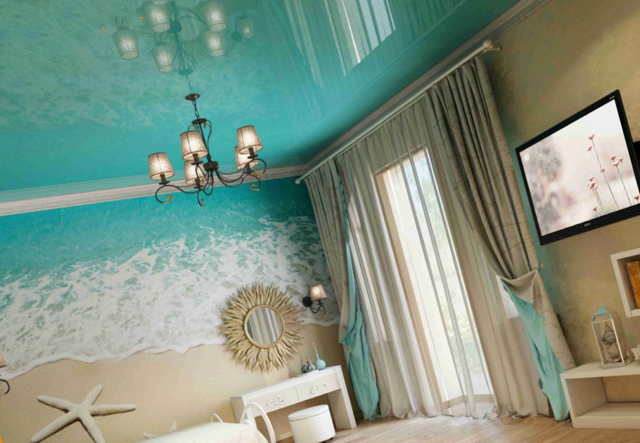 Натяжной потолок цвет морской волны матовой