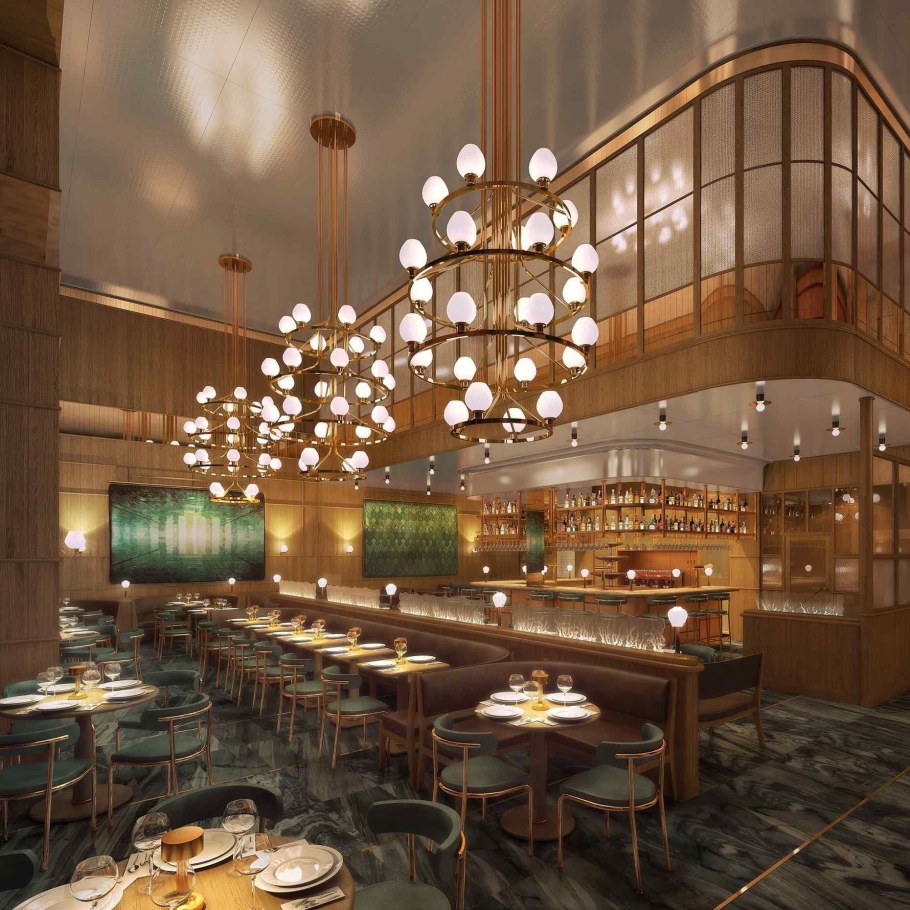 Интерьер ресторана с большими окнами