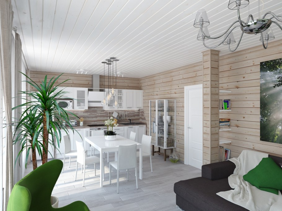Интерьеры дачных домов с кухней и гостиной