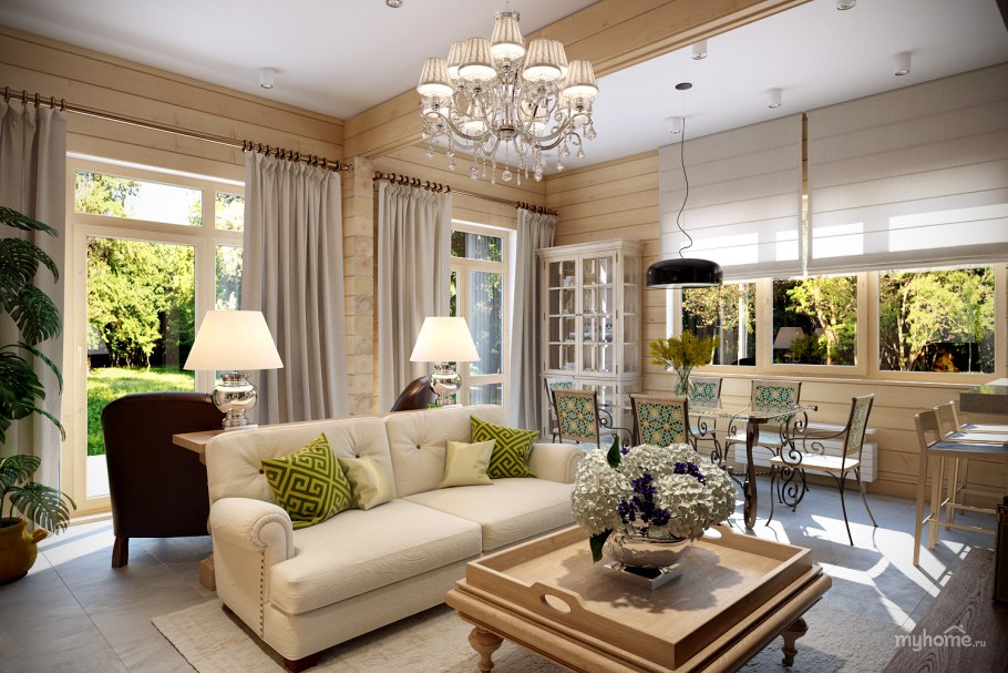 Дизайн кухни-гостиной 24м2 с двумя окнами