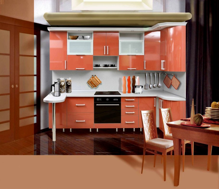 Кухонный гарнитур кораллового цвета
