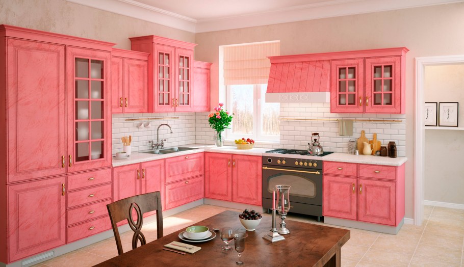 Кухонный гарнитур кораллового цвета