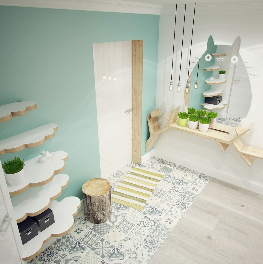 Мятные обои в интерьере прихожей