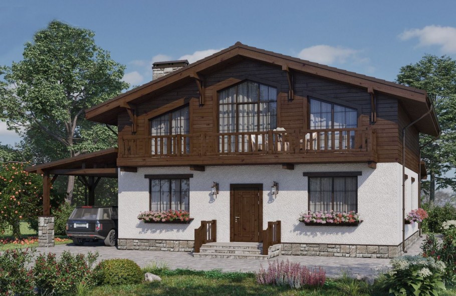 Комбинированный фасад дома из камня и дерева