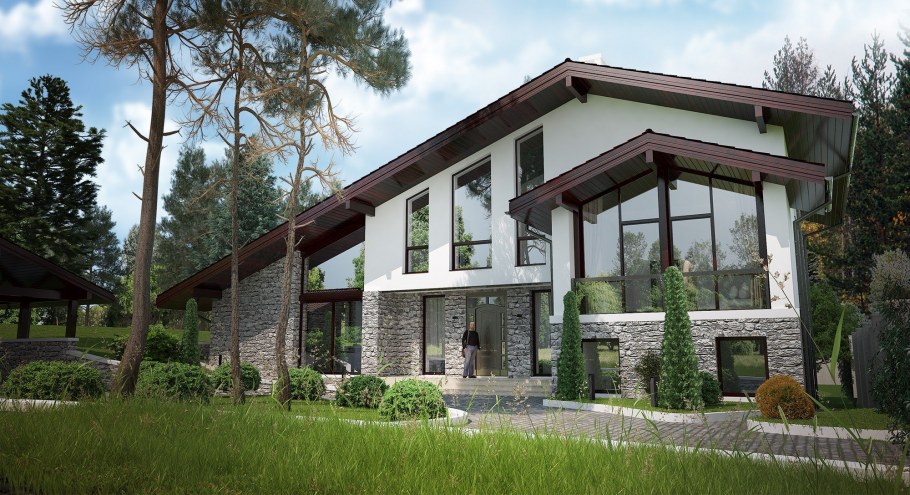 Отделка фасада камнем и деревом