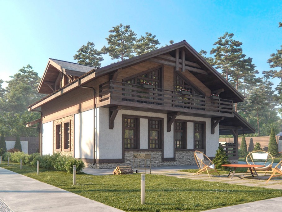 Дом в стиле Шале светлый фасад