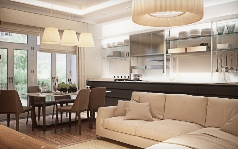 Коричневая кухня гостиная