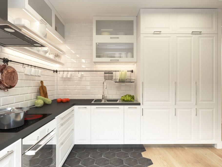 Кухня в скандинавском стиле с высокими шкафами