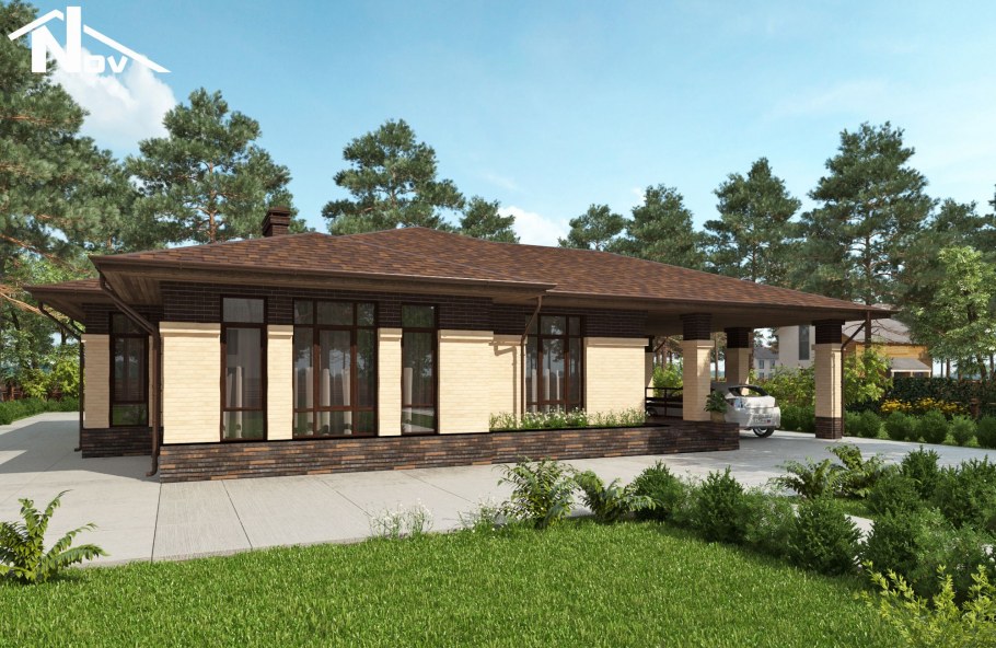 Одноэтажный дом в стиле Райта 150 кв м