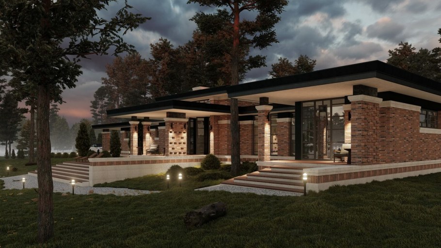 Одноэтажный дом в стиле Райта 200 кв м