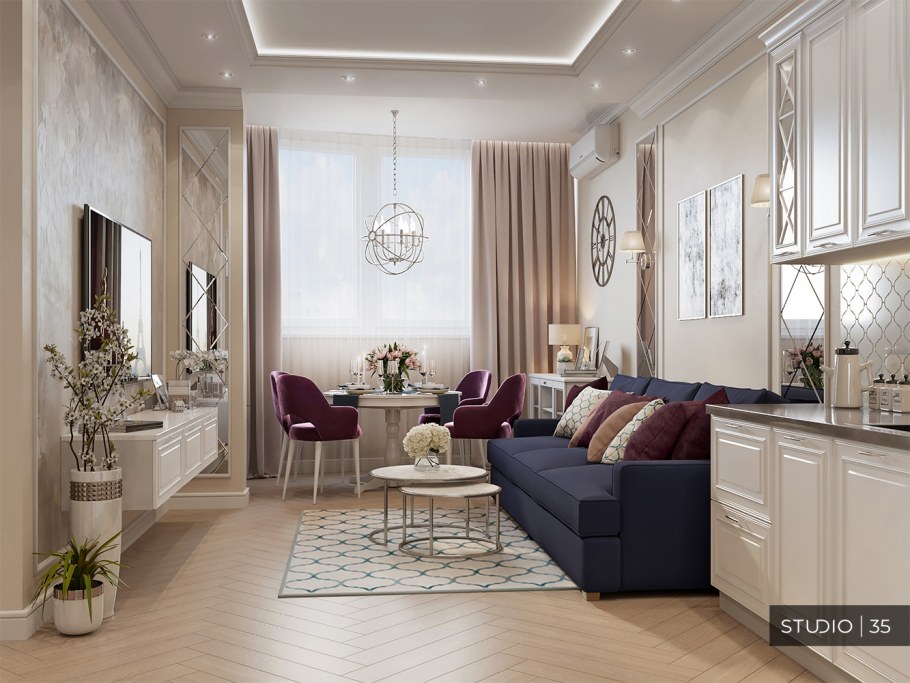 Гостиная в неоклассическом стиле в теплых тонах