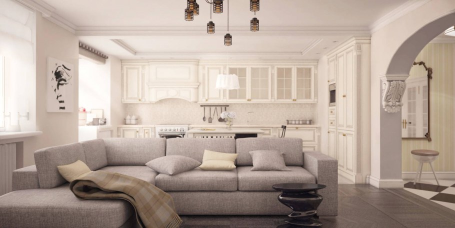 Гостиная совмещенная с кухней в неоклассическом стиле