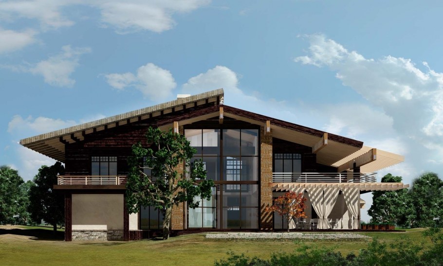 Одноэтажный белый дом в стиле Шале