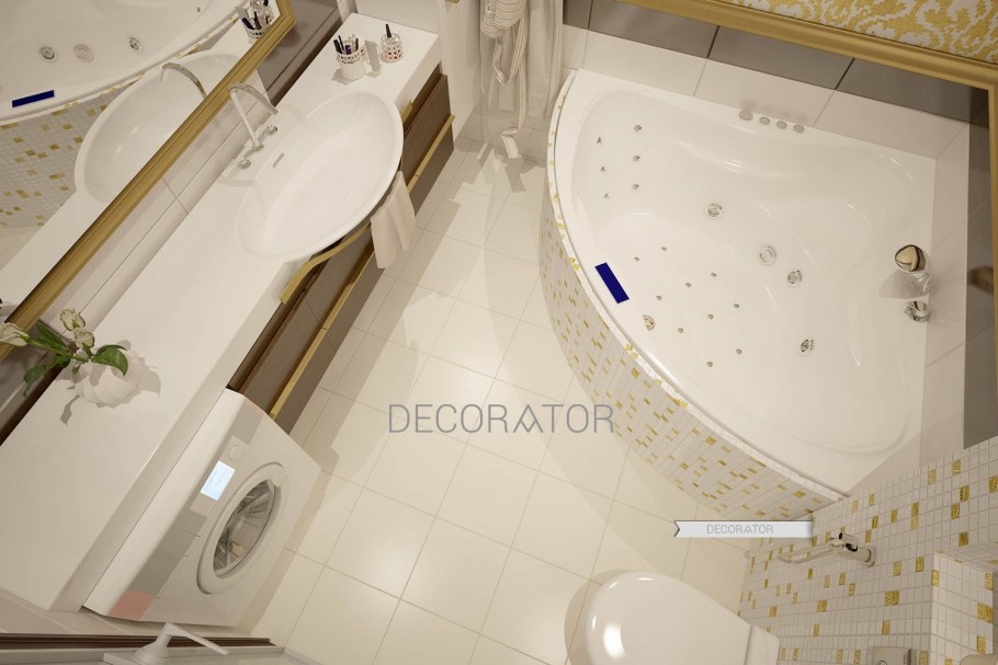 Ванная комната с угловой ванной и стиральной машиной