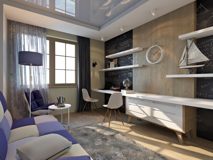 Интерьер студии для молодого человека светлая мебель