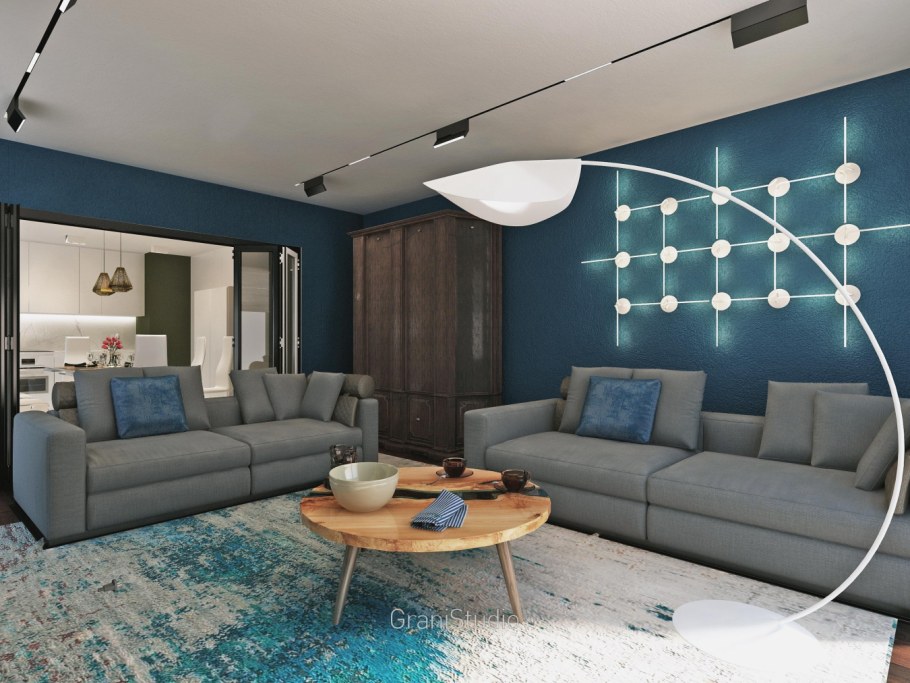 Аквамариновый в интерьере гостиной