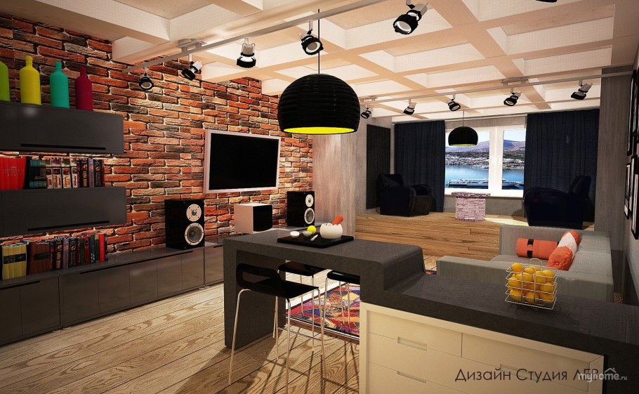 Кухня с гостинной 30кв м лофт