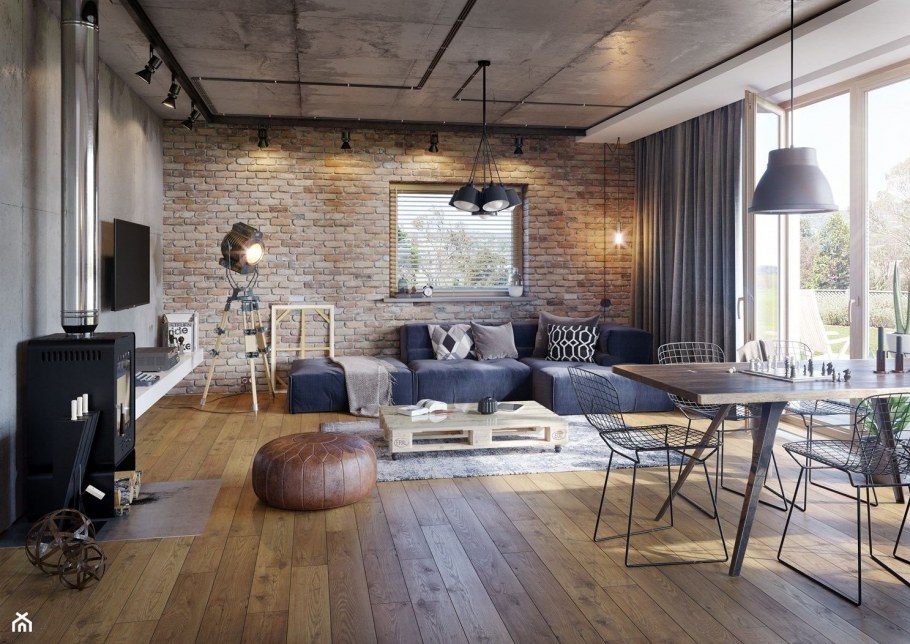 Светлый лофт кухня гостиная