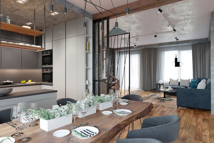 Гостиная совмещенная с кухней в стиле лофт