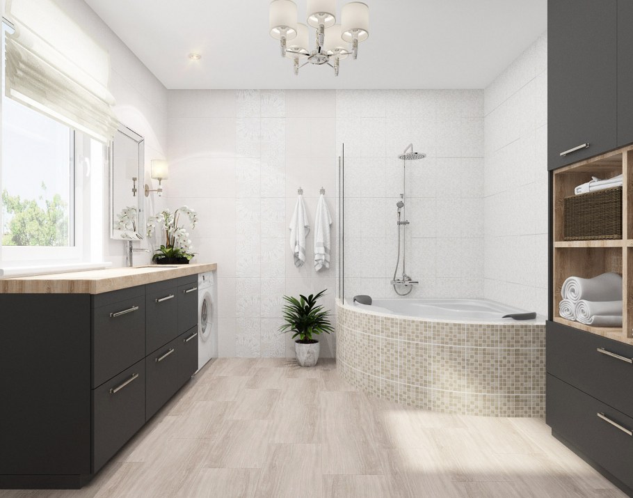 Стильная ванная комната с окном