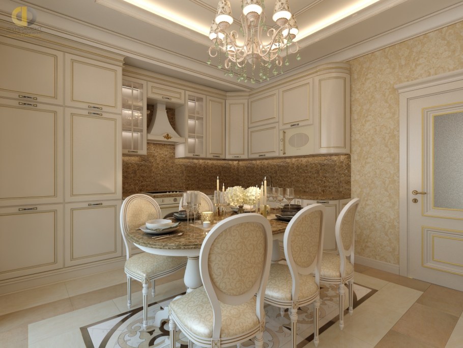 Бежевая классическая кухня в интерьере