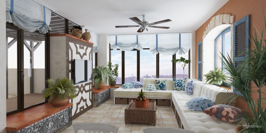 Кухня в средиземноморском стиле с барной стойкой