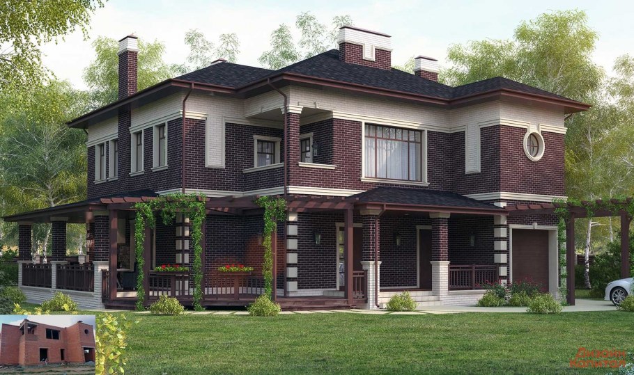 Коттедж из темного кирпича