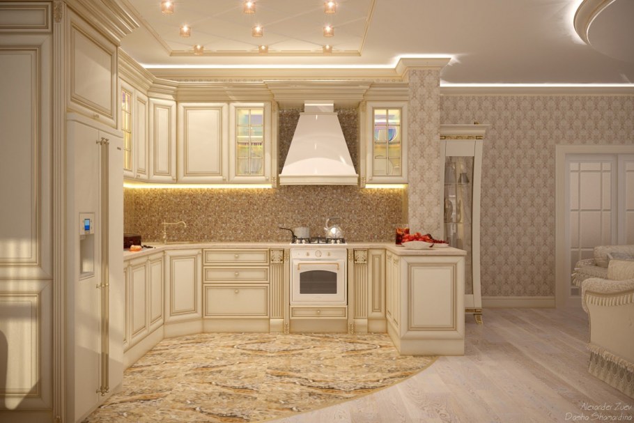 Интерьер гостиной с кухней в классическом стиле