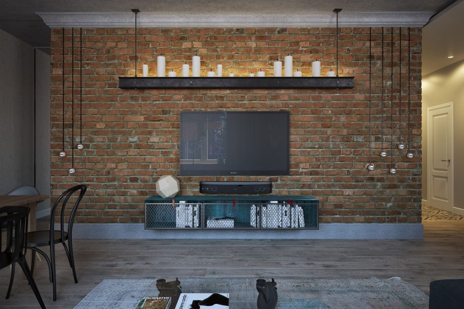 Стенка из кирпича в интерьере
