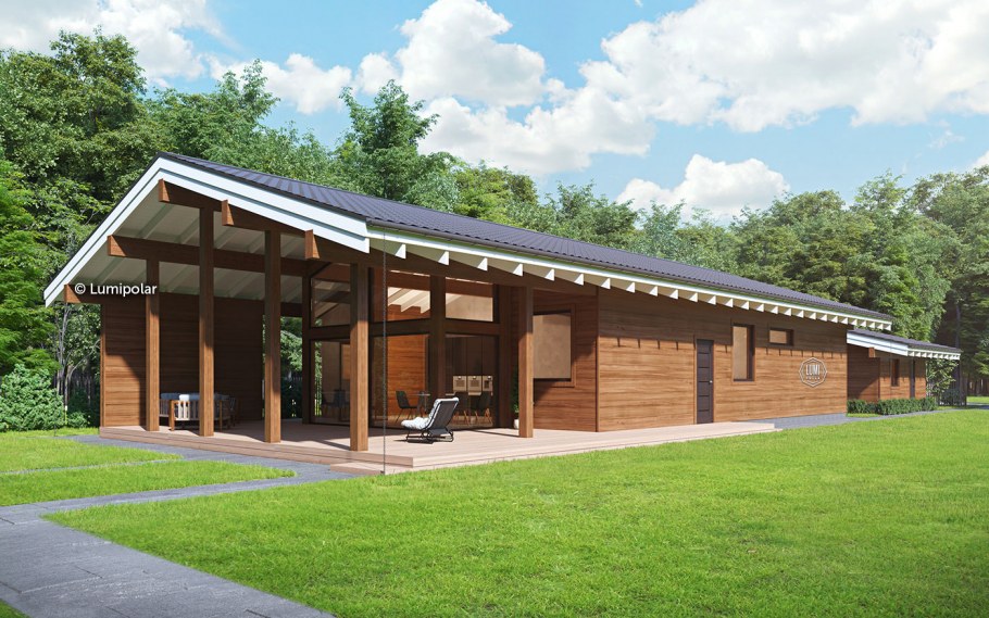 Одноэтажный дом с террасой под одной крышей