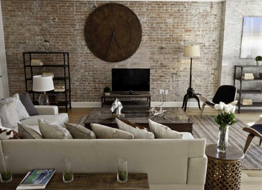 Гостиная лофт белый кирпич
