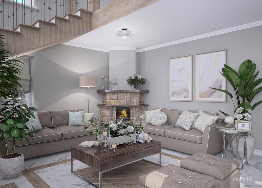 Кухня гостиная 40 кв м с камином в загородном доме фото