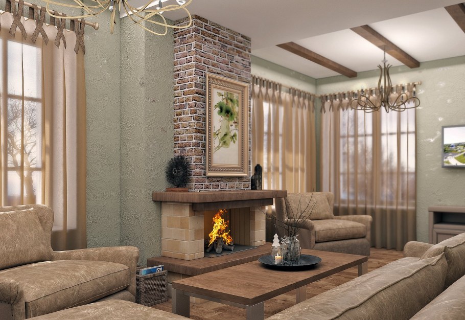 Интерьер гостиной с камином в частном доме