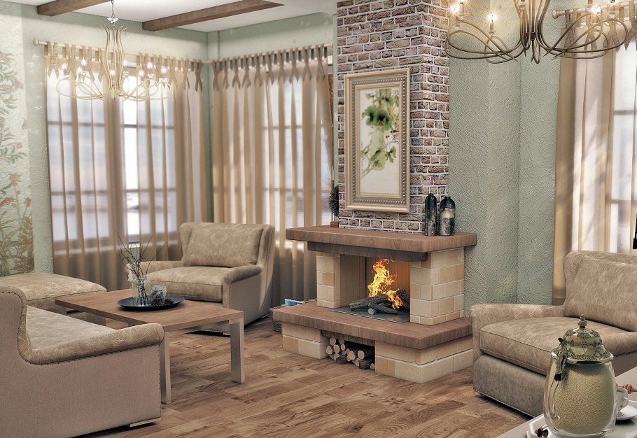 Камин в гостиной в частном доме