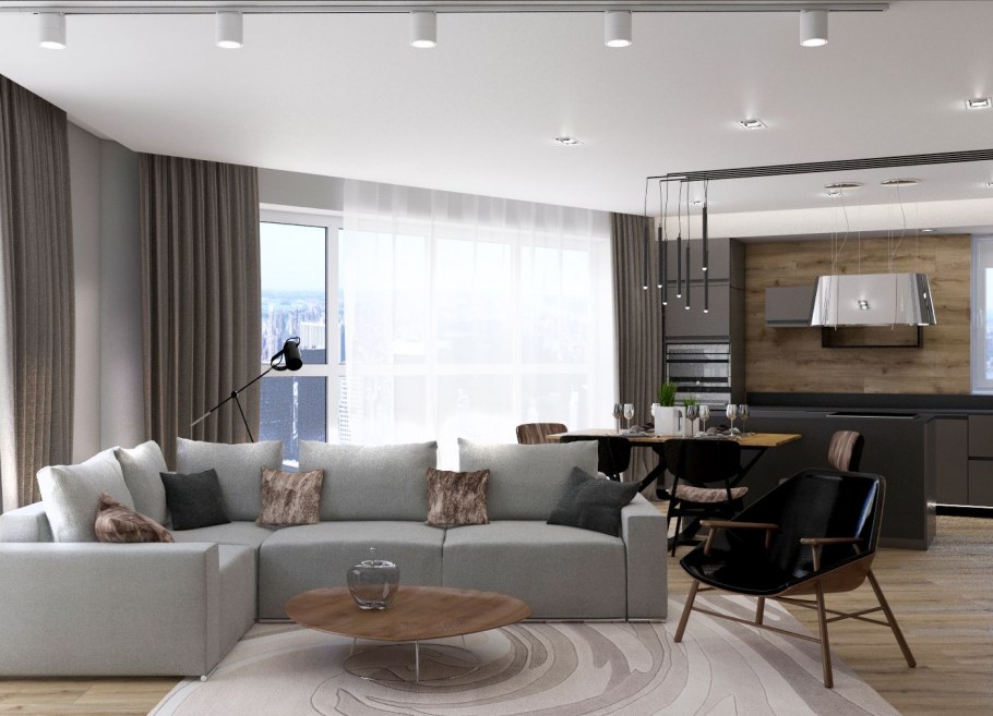 Интерьер кухни гостиной в теплых серых тонах