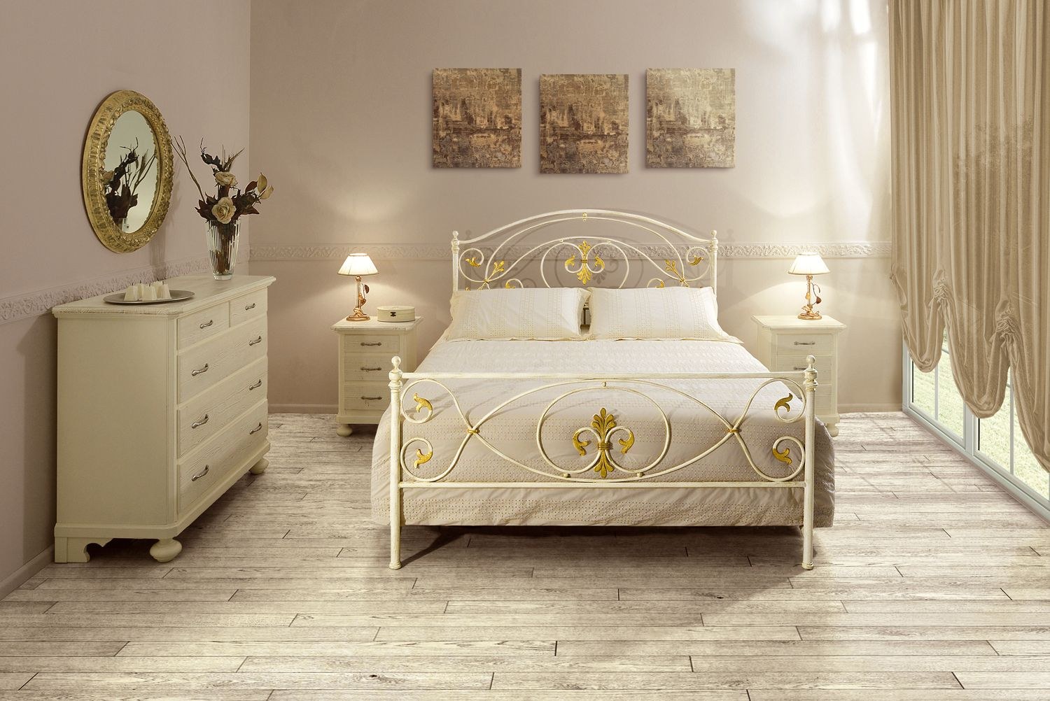 Кровать белая с патиной золото