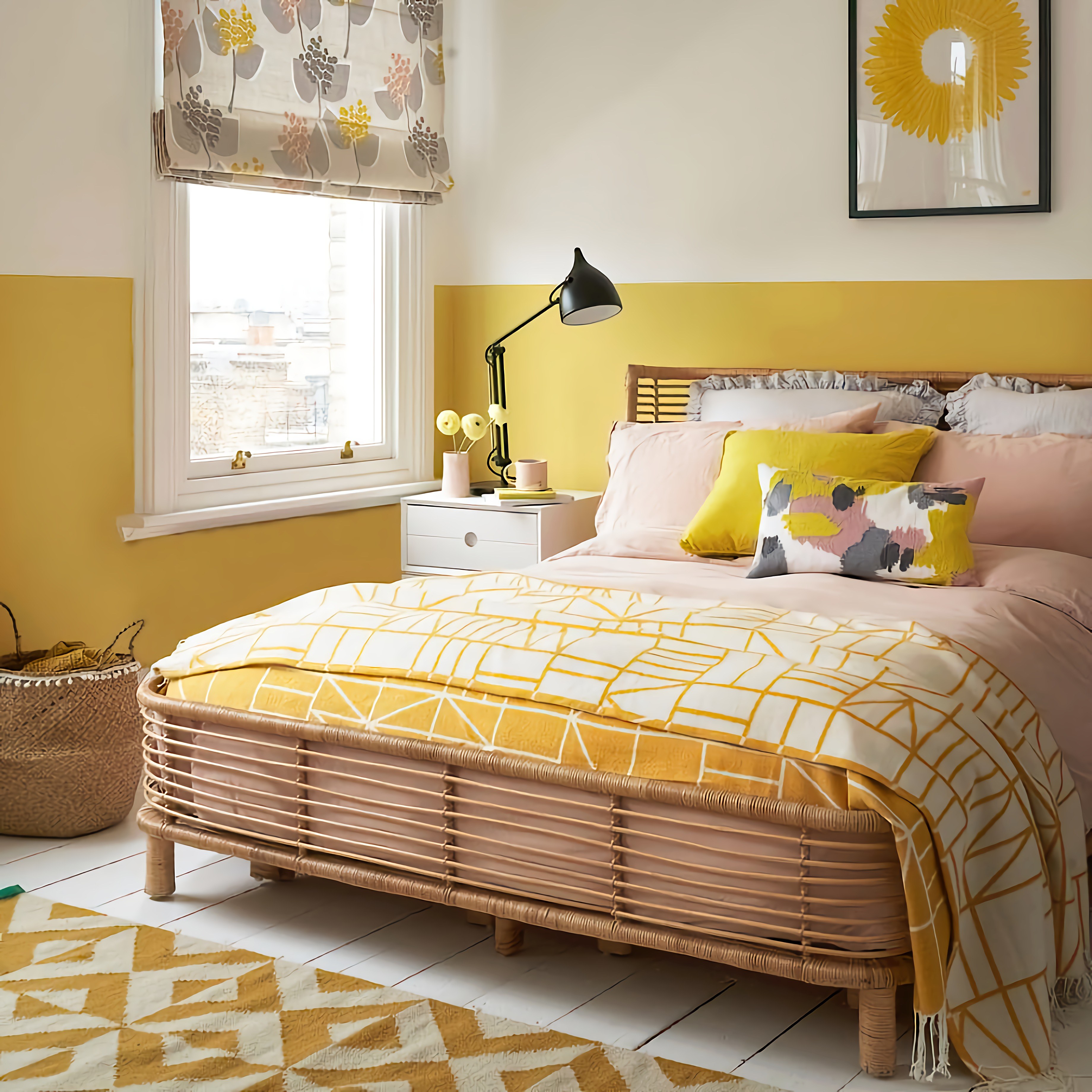 Горчичная кровать. Желтая спальня. Желтый интерьер спальни. Желтый цвет в интерьере. Интерьер в желтых тонах.