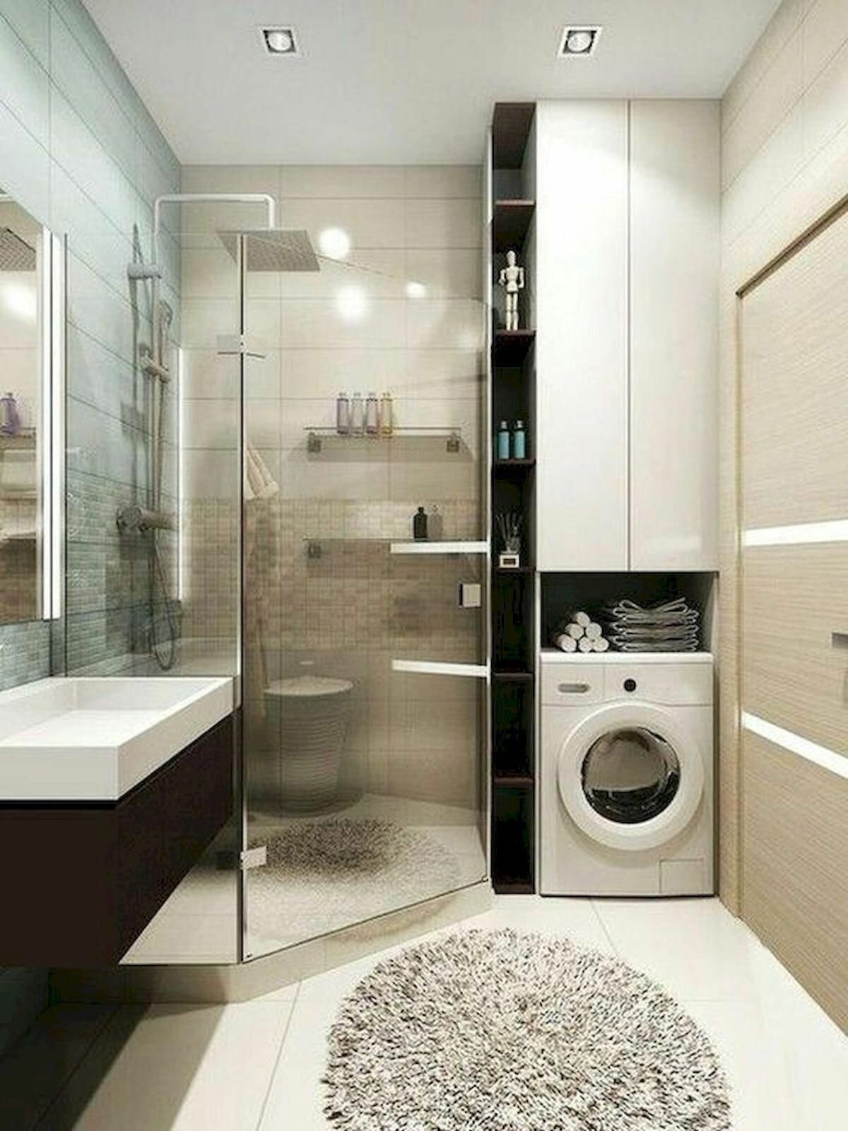 Маленькая ванная комната с душевой кабиной и стиральной машиной дизайн .