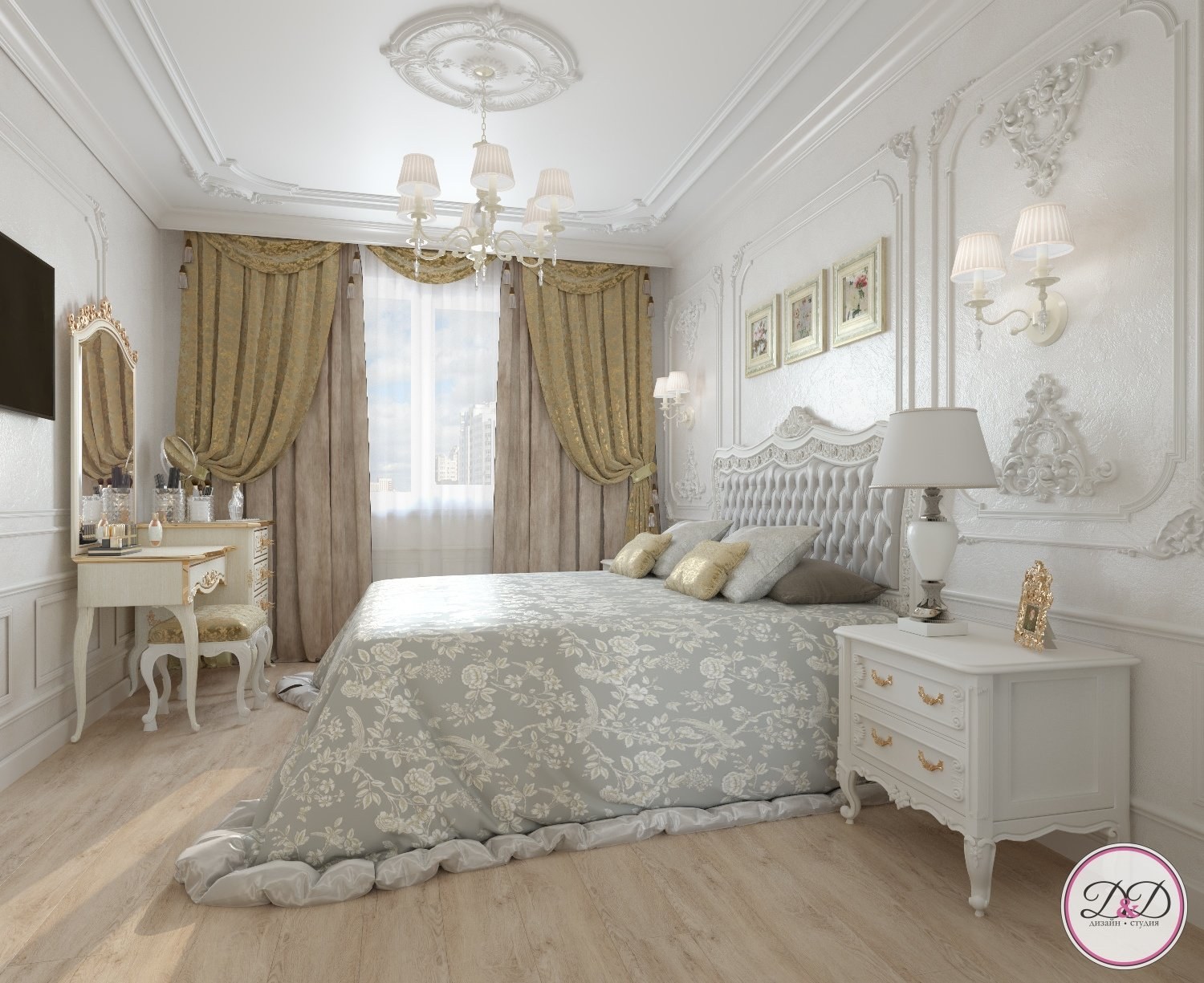 Спальня в классическом стиле в светлых