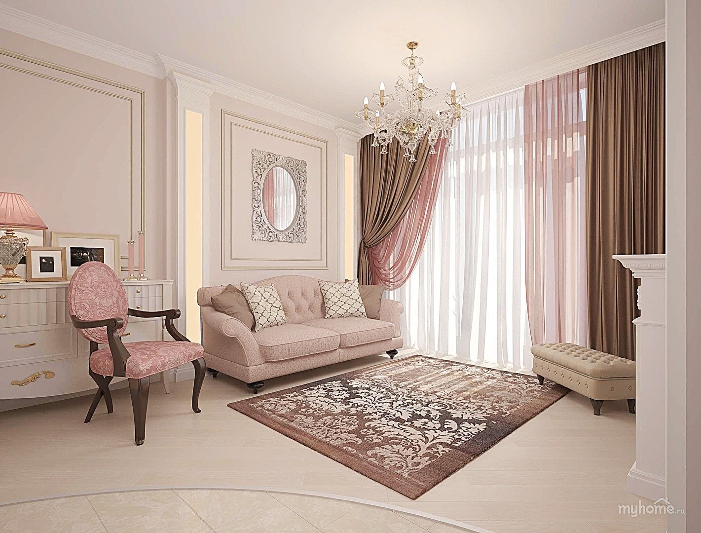 розовые шторы в интерьере гостиной фото