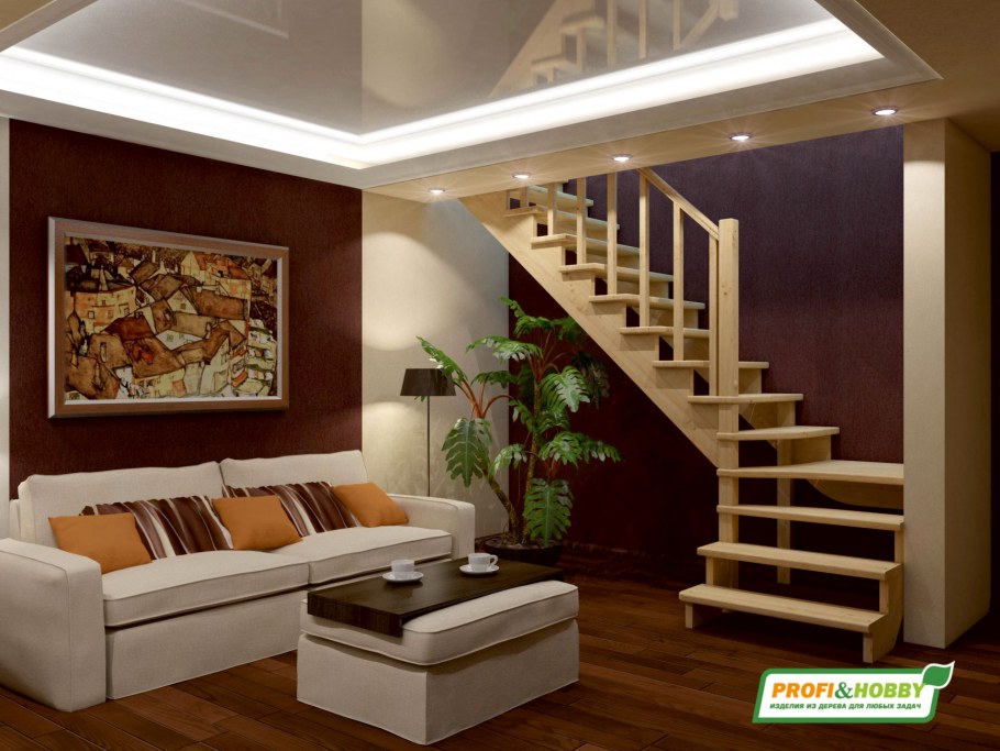 Лестница в гостиной со вторым светом