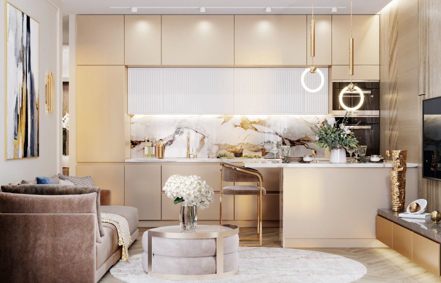 Обои в интерьере кухни-гостиной 2022